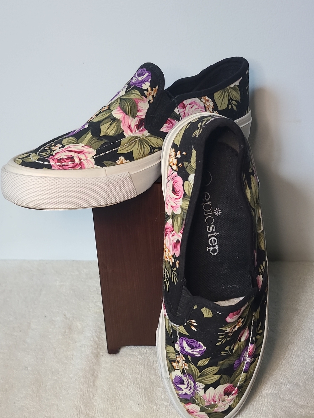 Black Floral Slip-On Flats with Pink & Purple Roses
